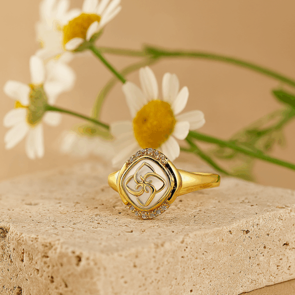Ivory Enamel Gold Plated Adjustable Ring Cubic Zirconia Party Wear Jewelry