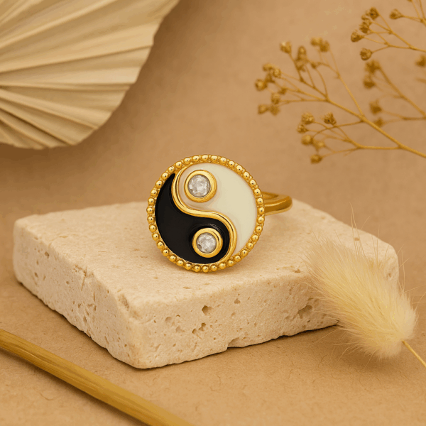 Ivory And Black Enamel Gold Plated Yin and Yang Ring with Labradorite Jewelry