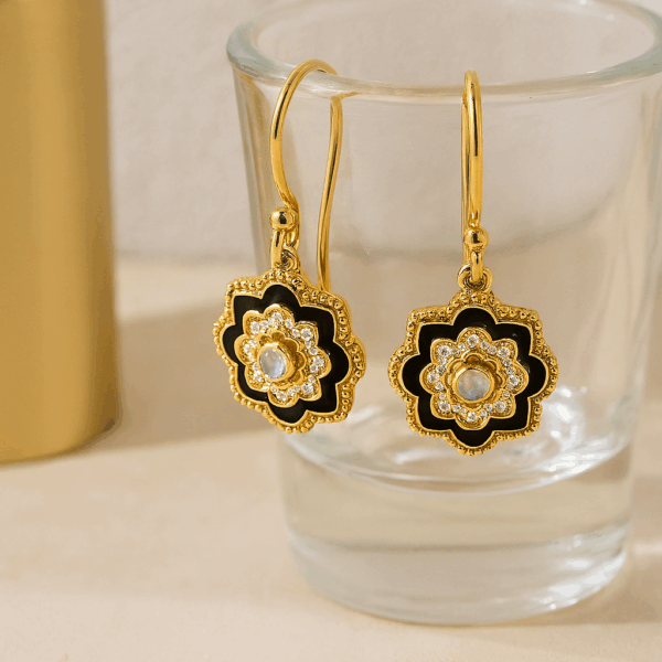Black Enamel Gold Plated Earrings With Rainbow Moonstone and Cubic Zirconia Jewelry