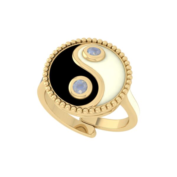 Ivory And Black Enamel Gold Plated Yin and Yang Ring with Labradorite Jewelry