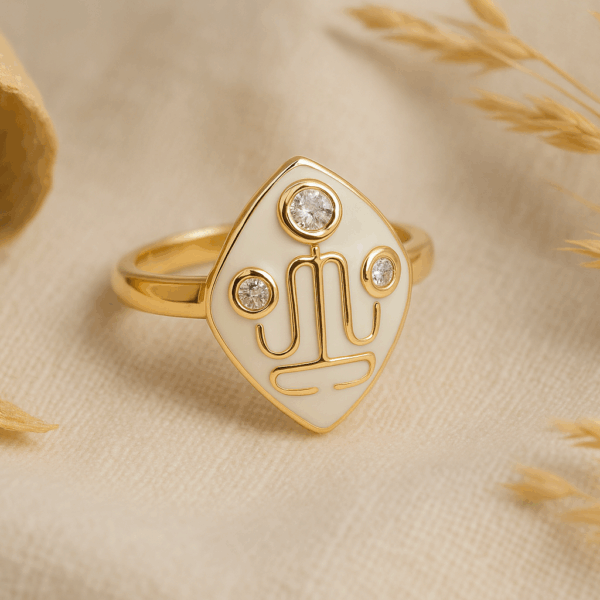 Ivory Enamel Gold Plated Adjustable Ring with White Cubic Zirconia Elegant CZ Fashion Jewelry