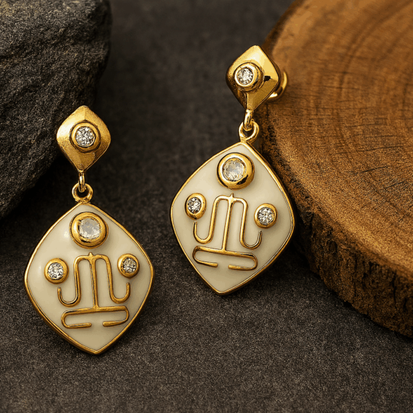 Elegant Gold Plated Dangle Earrings with Ivory Enamel and White CZ Fashion Jewelry