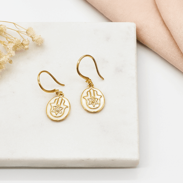 14k Gold Plated Hamsa Drop Earrings in Ivory Enamel with White Cubic Zirconia Jewelry