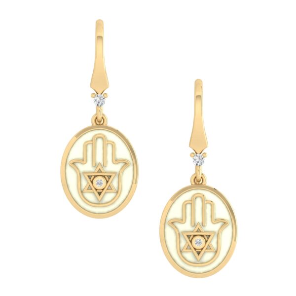 14k Gold Plated Hamsa Drop Earrings in Ivory Enamel with White Cubic Zirconia Jewelry