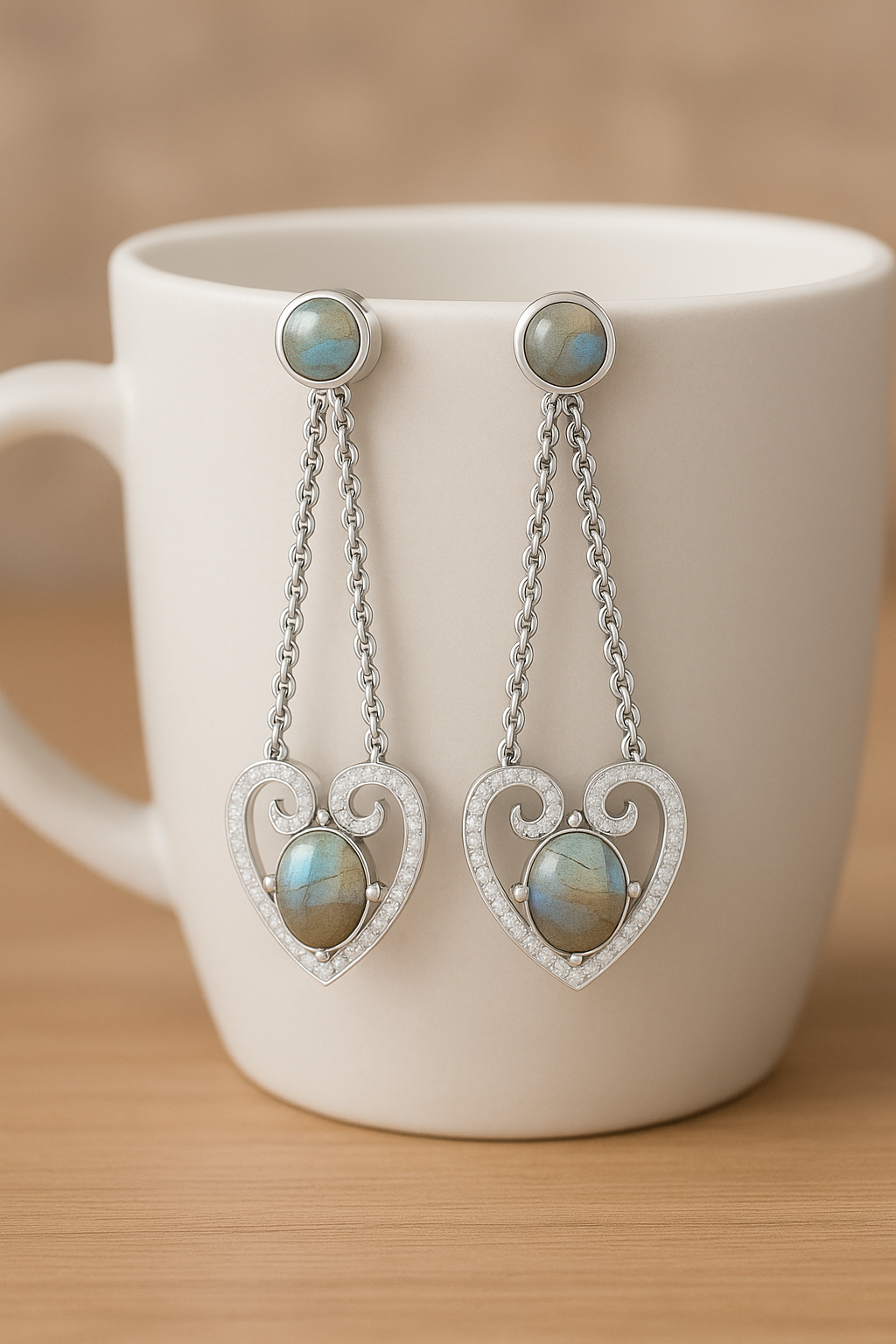 DE3379 S-1 Labradorite Cubic Zirconia Heart Shape Dangle