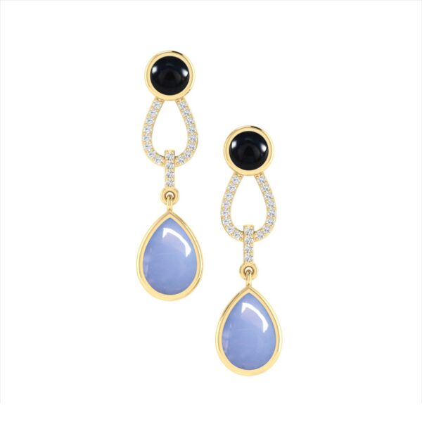 925 Sterling Silver Black Onyx Blue Chalcedony Gemstone White CZ Dangle Earrings Fashion Jewelry