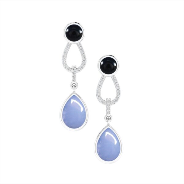 925 Sterling Silver White Rhodium Onyx Blue Chalcedony Gemstone White CZ Dangle Earrings Fashion Jewelry