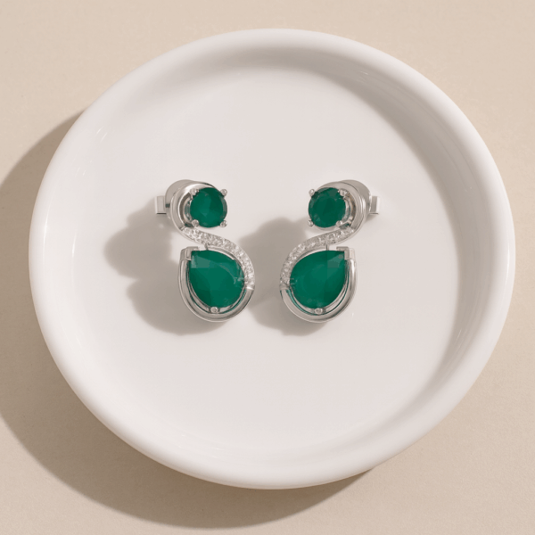 Silver Green Onyx Cubic Zirconia Stud Earrings