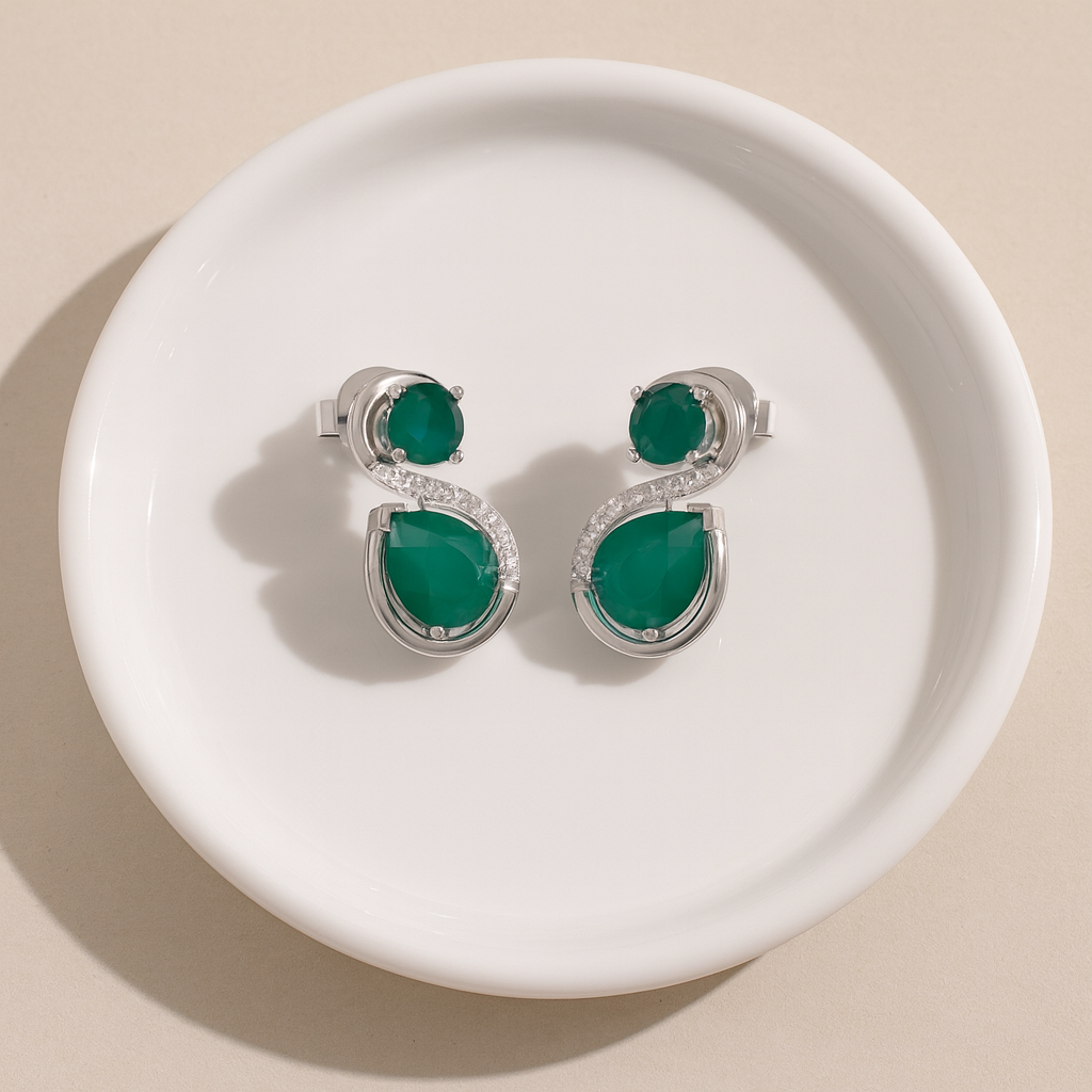 DE3373-1 (3) Silver Green Onyx Cubic Zirconia Stud Earrings