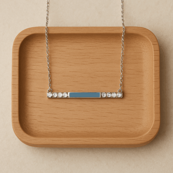 Blue Enamel White CZ Bar Necklace