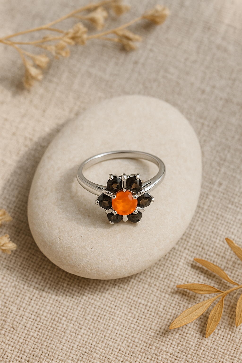 HG1145CAR-SMK-2 Silver Ring Smokey Quartz Gemstone Jewelry