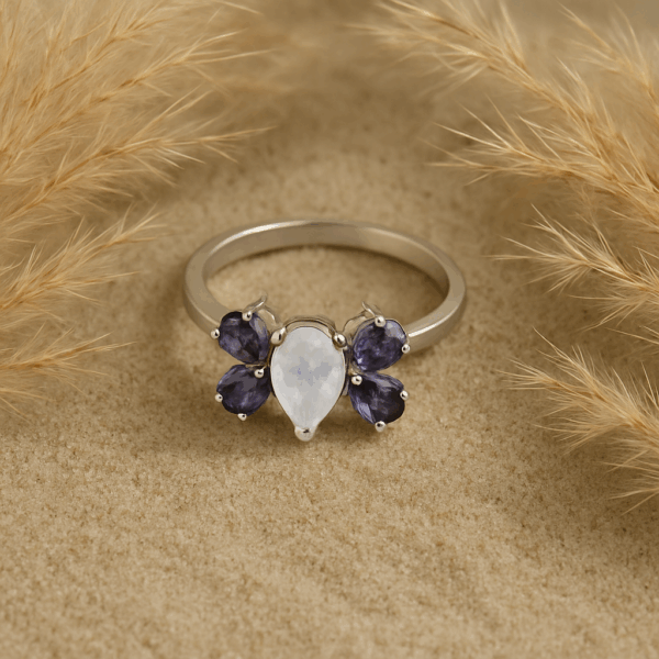 Silver Rainbow Moonstone Iolite Ring