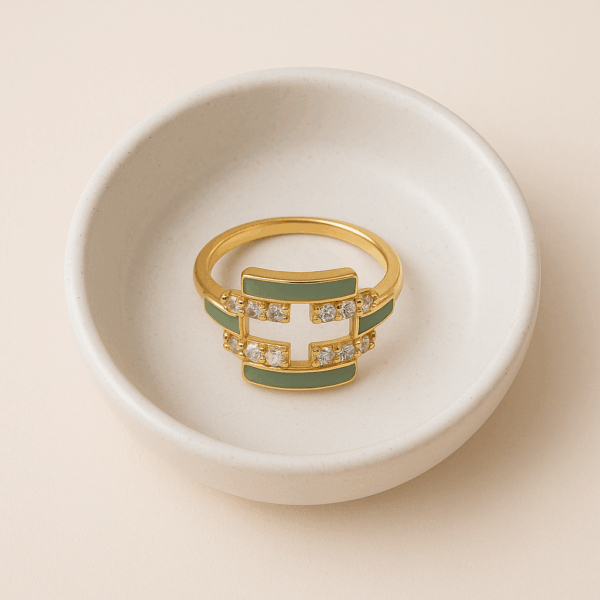 White CZ Green Enamel Ring